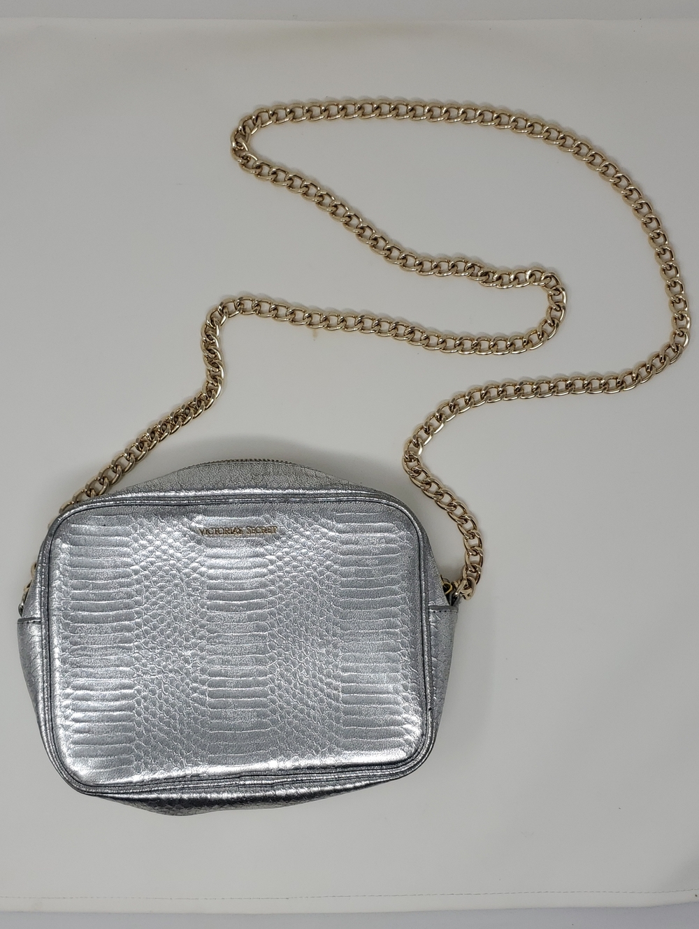 Victoria's Secret Metallic Silver Crossbody Bag with Gold Chain Strap